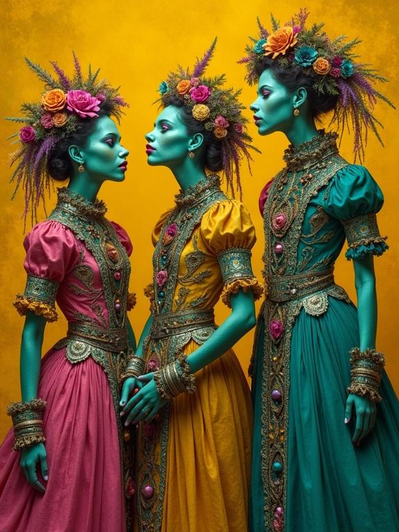 Surreal portrait of three stylized figures dressed in elaborate outfits featuring vibrant shades of green, magenta, yellow, and blue. Hyper-detailed elements in their clothing. Bright contrasting background of yellow ocher and burnt sienna.