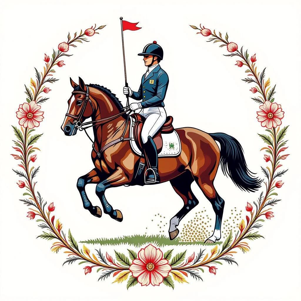 Illustration of a polo equestrian riding a horse. The horse is running, holding a flag. Floral designs surround the central image. The embroidery design is not very detailed and has an illustrative style.