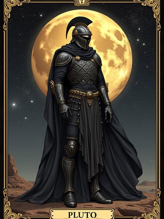 Anthropomorphic representation of planet Pluto inspired by Greek and Roman mythology. Depiction of a figure in black armor and helmet. Full body view with a dramatic moon in the background, evoking a tarot card composition.