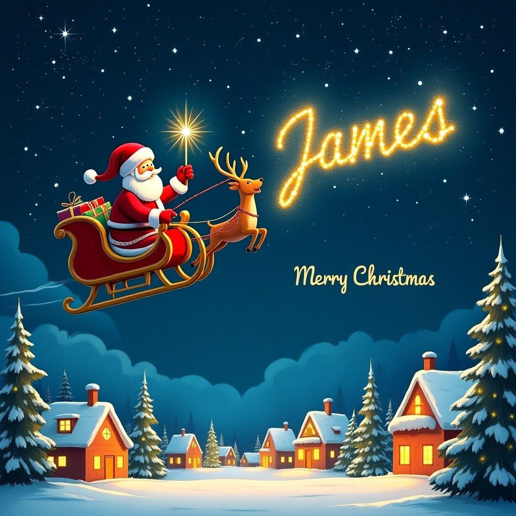 A magical Christmas card featuring Santa Claus flying through the starry night sky in his sleigh, pulled by reindeer. With a glowing wand, Santa is writing the name 'James' in golden sparkling letters across the dark sky. Below, a snow-covered town is adorned with twinkling lights and festive Christmas trees. The phrase 'Merry Christmas, James!' is elegantly scripted in the corner. The scene captures the spirit of the holidays with vibrant colors and enchanting details.