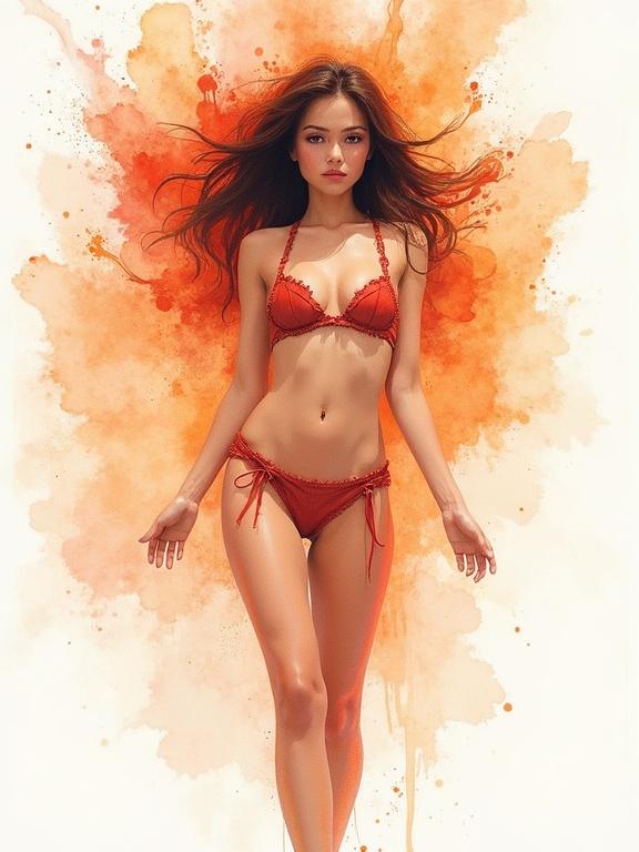 Artwork of a woman in a red bikini surrounded by orange watercolor splashes and white space. Soft and diffused lighting. Delicate details with expressive strokes.