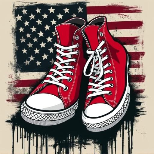 Graphic design features bold red sneakers as centerpiece against distressed black and white American flag background. Design has grungy urban aesthetic with dripping paint effects and worn textures. Sneakers detailed with white laces and rubber soles positioned prominently in center.