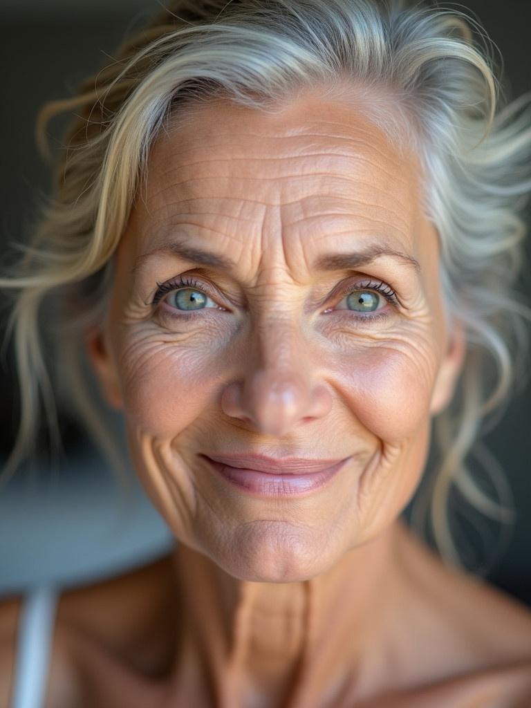 A real woman in her sixties displaying wrinkles with a neutral facial expression. Facing the camera with visible skin improvements after treatment.