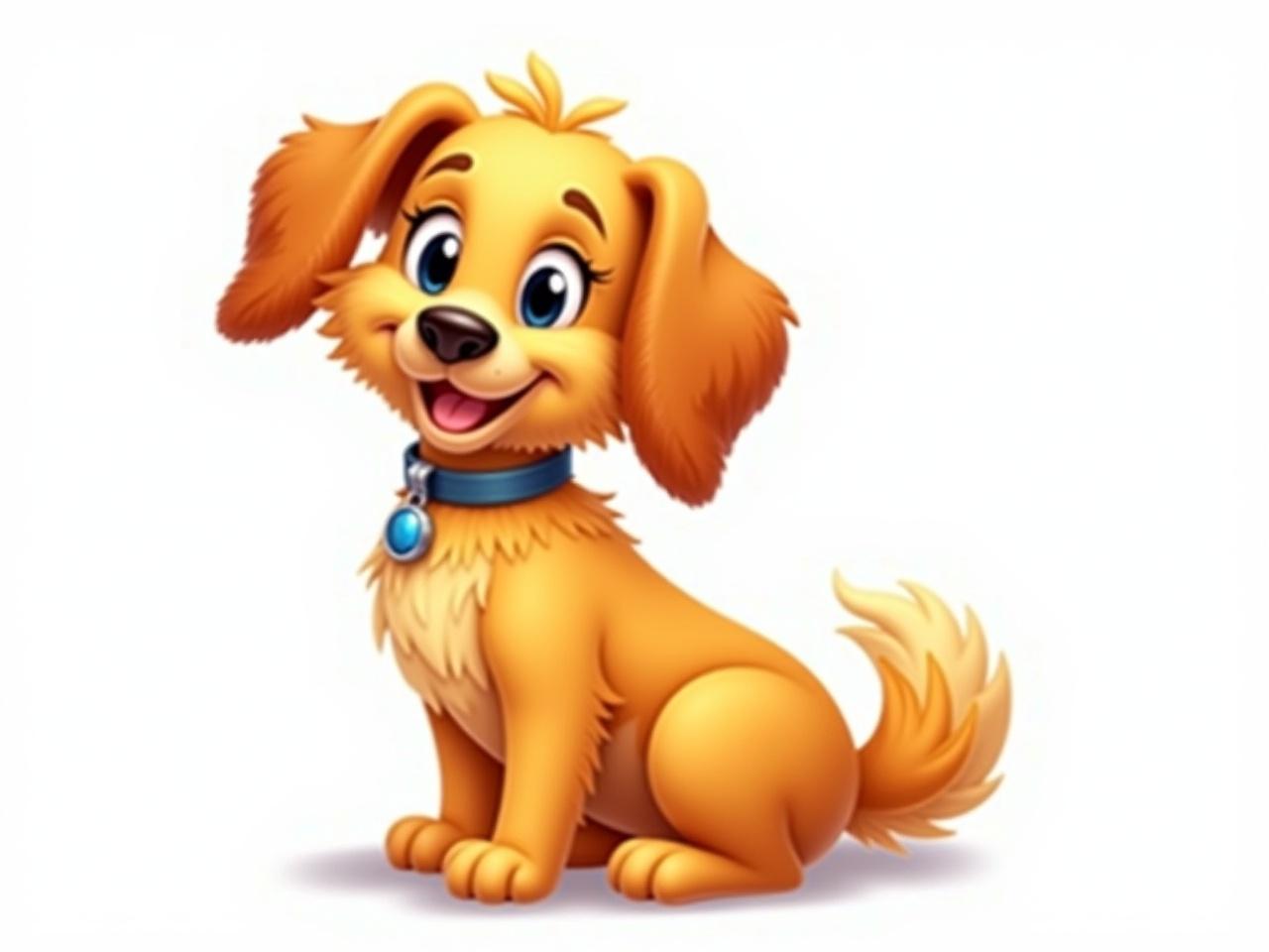 This image features a cartoon dog sitting in a friendly pose. The dog has a fluffy golden-brown coat with long ears and a bushy tail. It is depicted with a shiny collar and a tag hanging from it. The background is plain white, which helps emphasize the dog's bright fur. The dog's expression is happy and alert, capturing a playful look.