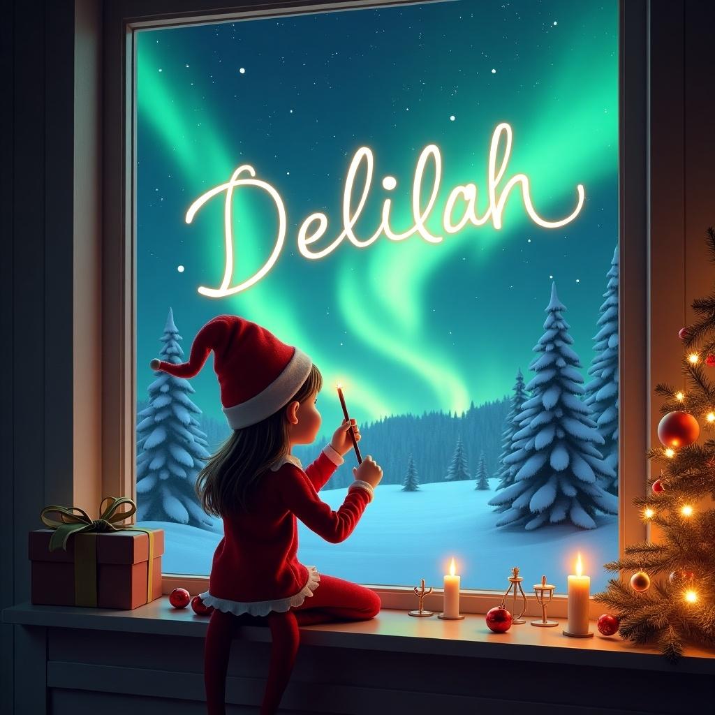 A girl elf on the shelf gazes out a window into a magical Christmas night. She writes 'Delilah' in the sky with a wand. Beautiful Northern Lights illuminate the scene. Snow-covered trees outside create a winter wonderland. The room is cozy and decorated for Christmas.