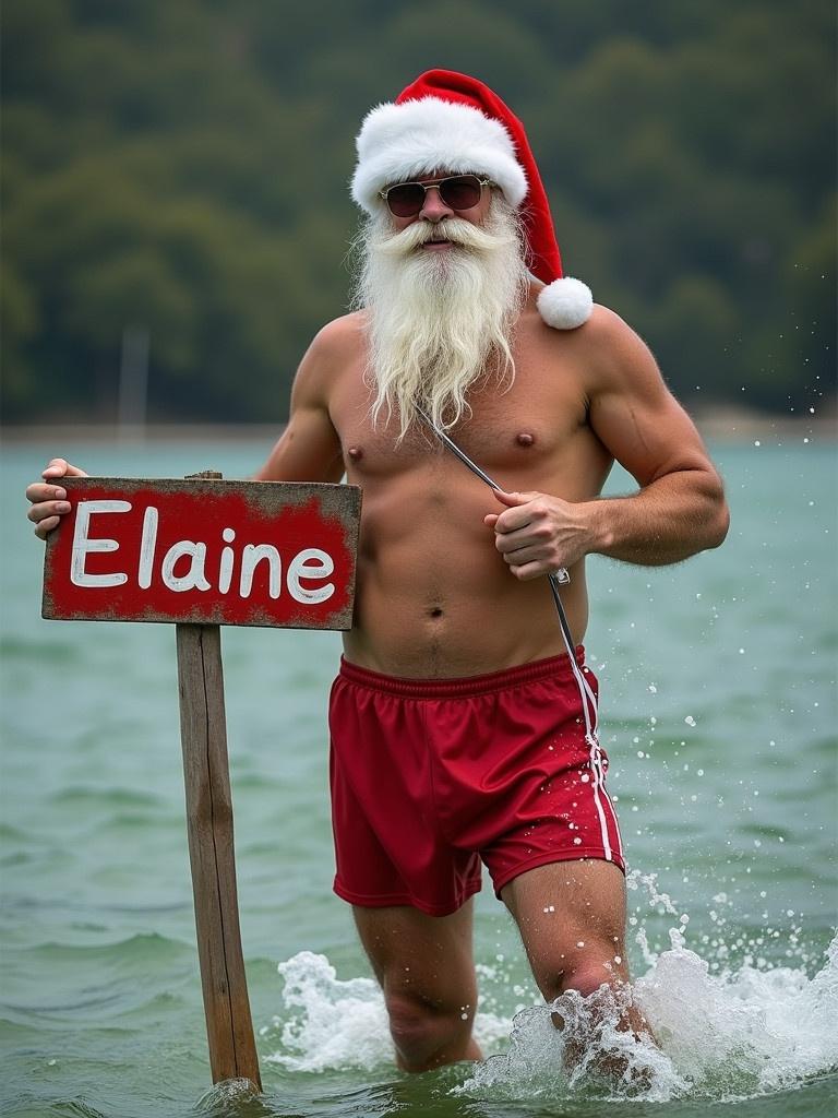 A muscular male character dressed as Santa stands in water wearing red swimming shorts.  He holds a wooden sign that says 'Elaine'.  He has a white beard and a Santa hat. The scene is cheerful and bright with a summer vibe.