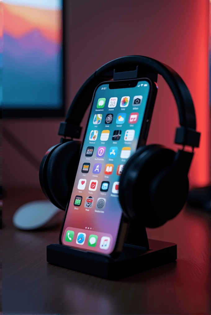 A smartphone docked in a sleek stand, flanked by large black headphones, illuminated by a warm red light in a stylish setup.