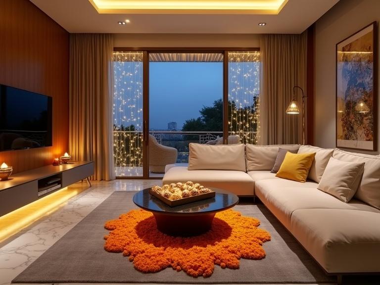 Ultra-luxurious modern Indian living room designed in a Mumbai-style villa. The L-shaped cream sofa complements a designer chair. Marble flooring holds a warm grey carpet. The centerpiece is a Ferrero Rocher box on a premium coffee table, surrounded by glowing marigold flower rangoli. Warm golden string lights hang over tall glass balcony doors, revealing an open balcony with Diwali fairy lights and a distant city skyline. A modern glass-railed staircase is in the background, accompanied by golden table lamps and floor diyas. The setting captures a rich festive ambiance with hyper-realistic textures.