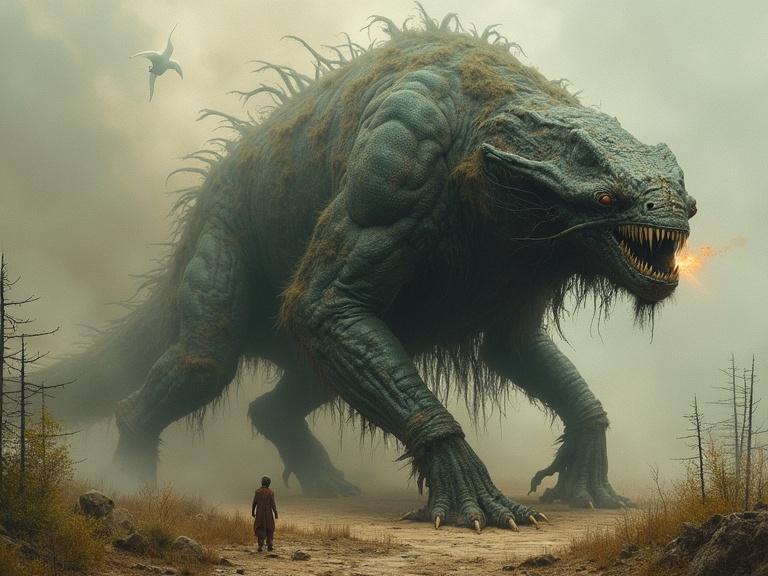 A giant creature stands in a surreal landscape. The creature is massive, with textured skin and fiery breath. The setting has eerie fog and barren trees. A small figure observes the creature from a distance. The mood conveys respect and awe for the creature's power.
