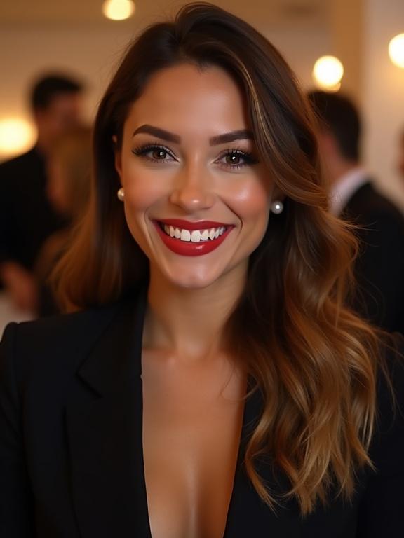 The image shows an individual with long wavy hair in rich brown tones and subtle highlights. Hair styled in loose waves frames the face. Person wears a black blazer suggesting a formal setting. Bright smile reveals white teeth. Lips are bright red. Cheeks are rosy. Small round pearl earrings add elegance. Soft background blurred, indicating social event atmosphere with warm lighting. The overall look conveys confidence and sophistication.