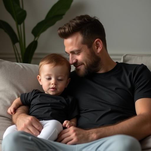 Father and son wearing black t-shirts sitting together indoors. Son is napping peacefully on the father's lap. Cozy domestic setting with soft lighting. Light green leaves in background add a natural touch.