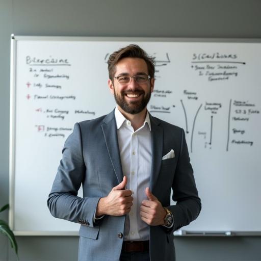 Smiling empowered purchasing professional stands in front of whiteboard in corporate environment. The man wears a suit and smiles, showcasing confidence and professionalism.