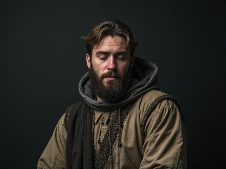 A man appears in medieval clothing. He has an empty gaze. He looks very tired. The man has a small beard. Background is dark. There is an atmosphere of being used by spectres.