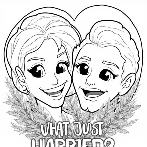 Coloring book page designed for emotional healing with a grief theme. It features two cartoon characters with cheerful expressions surrounded by a decorative wreath. A question about recent events is displayed at the bottom.