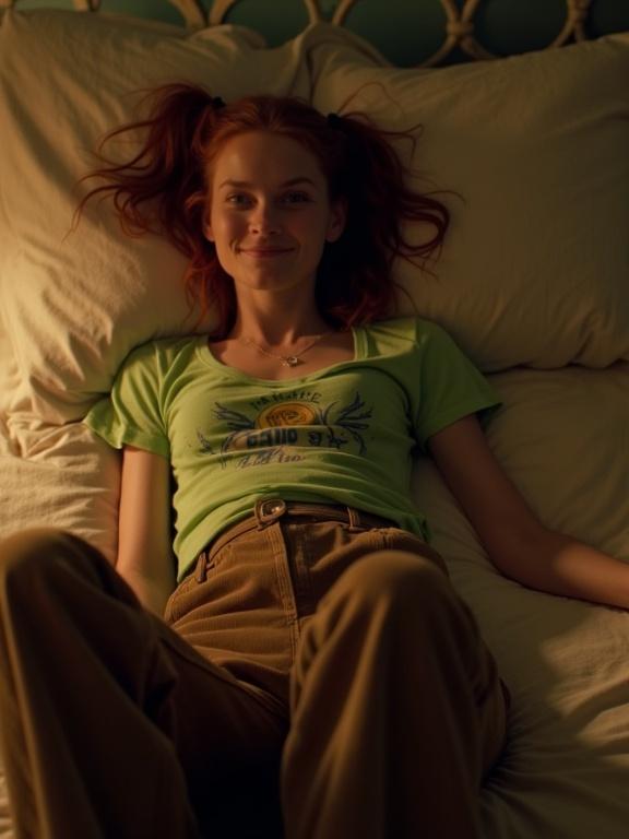 Screenshot from a home movie depicting a bedroom with warm lighting. A 19-year-old woman with dark red pigtails lies on her back in bed. She has a cheeky smirk and wears a tight lime-green T-shirt with a print design and brown corduroy bellbottom trousers. Her feet are clad in black socks.