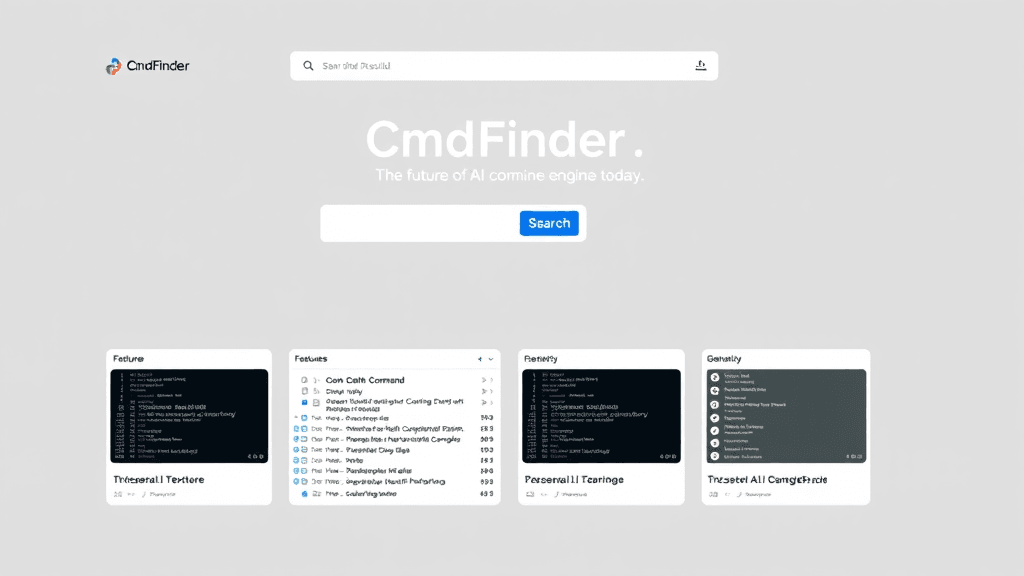 A minimalist web interface for CmdFinder, featuring a search bar and various code snippets.