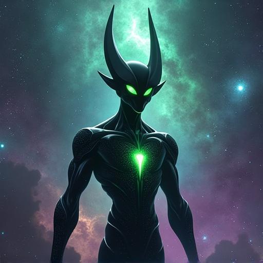 Epic hyper-detailed digital painting portrait of Alien X from the Ben 10 franchise. Full portrait floating in space with cosmic background. Emphasizes scale and divine presence. Powerful musculature with star-like body. Three horns on head, glowing green eyes and Omnitrix symbol on chest. Dramatic cosmic panorama background with vibrant nebulae and stars. High-quality, hyperrealistic style.