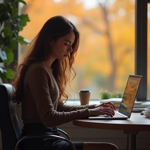 A female journalist is in an office setting. She is using a laptop. The decor features autumn colors. A book lies on the desk. A coffee mug sits nearby. The setting conveys a warm and inviting atmosphere with a realistic portrayal of the subject.