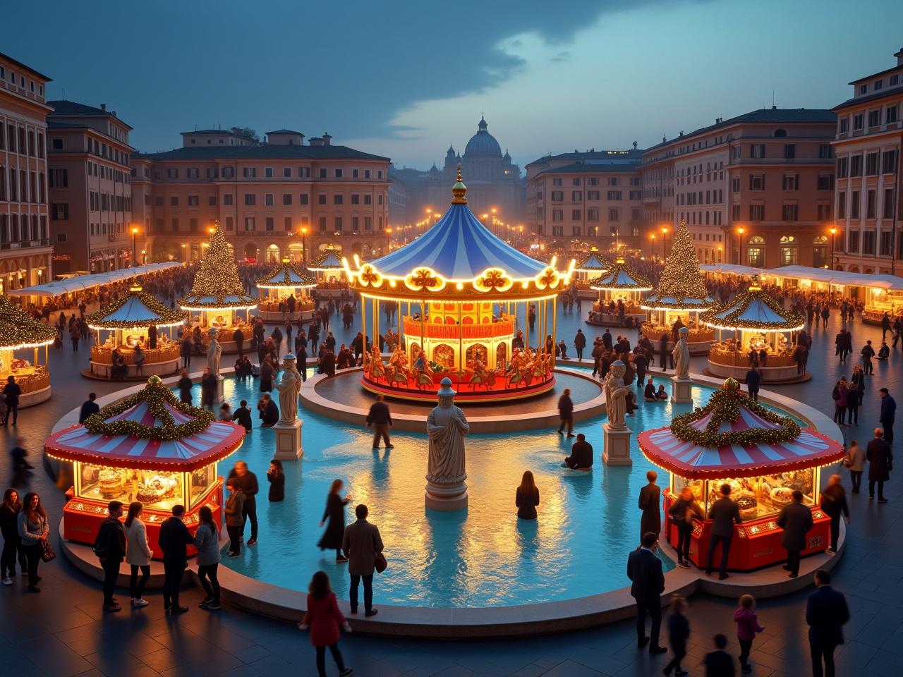 A realistic view of Piazza Navona in Rome during Christmas time. The scene is vibrant and lively, filled with people enjoying the festive atmosphere. There are beautiful stalls selling holiday treats and gifts, contributing to the seasonal cheer. A charming carousel is in the center, surrounded by families and children. The iconic fountains are adorned with festive decorations, and the buildings in the background are illuminated, creating a warm, inviting glow.