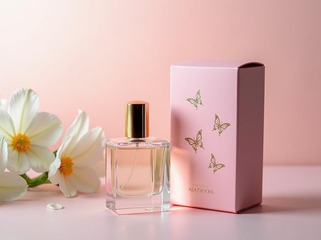 The image features a perfume bottle alongside its packaging. The bottle is made of transparent glass with a golden cap and contains a light-colored liquid. It is placed next to a pink box adorned with delicate butterfly designs. In the background, there is a soft focus on white flowers, adding an elegant touch. The overall color scheme is a blend of pinks and pastels, giving a feminine and fresh vibe.