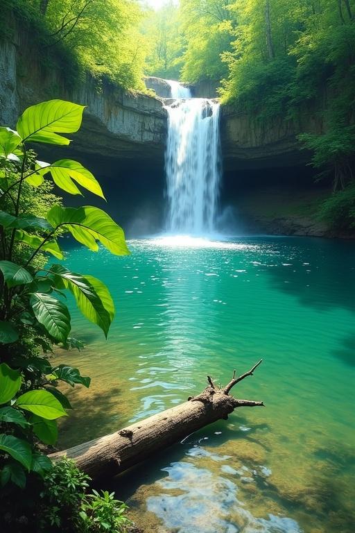 Painting of a peaceful waterfall flowing into a clear lake. Surrounded by vibrant green plants. A log rests in the shallows. Soft light illuminates the scene. Green and turquoise dominate. Calm atmosphere is conveyed.