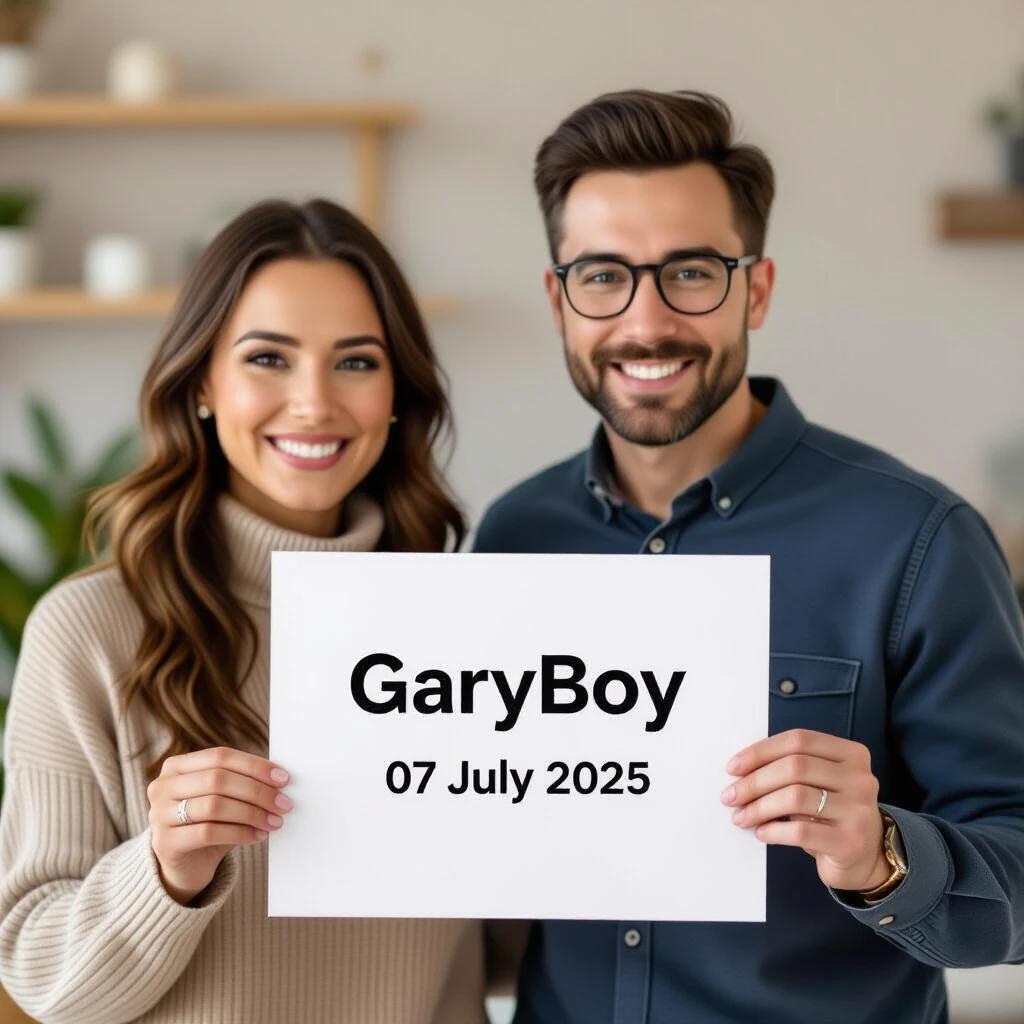 Couple stands together indoors holding a white paper sign. The sign displays the text GaryBoy and the date 07 July 2025. The background contains plants and soft decor elements.