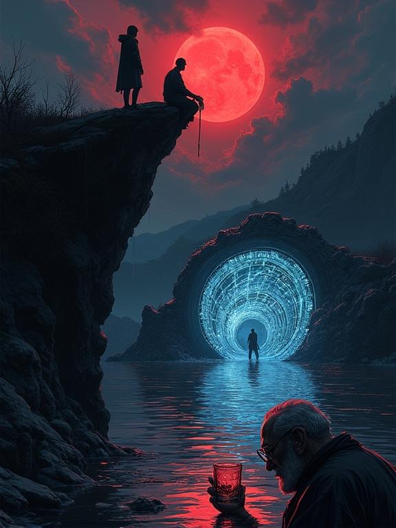 Dark atmospheric berserk manga style. Jagged cliff under blood-red moon. Hooded figure gazes into stormy sky. Injured man kneels on stone, clutching side with crimson light pooling. Swirling clock-work portal crackling with energy, glowing prisms reveal traveler. Elderly man raises whiskey glass near dark water. Bright contrasts and surreal reflections evoke themes of time and regret.