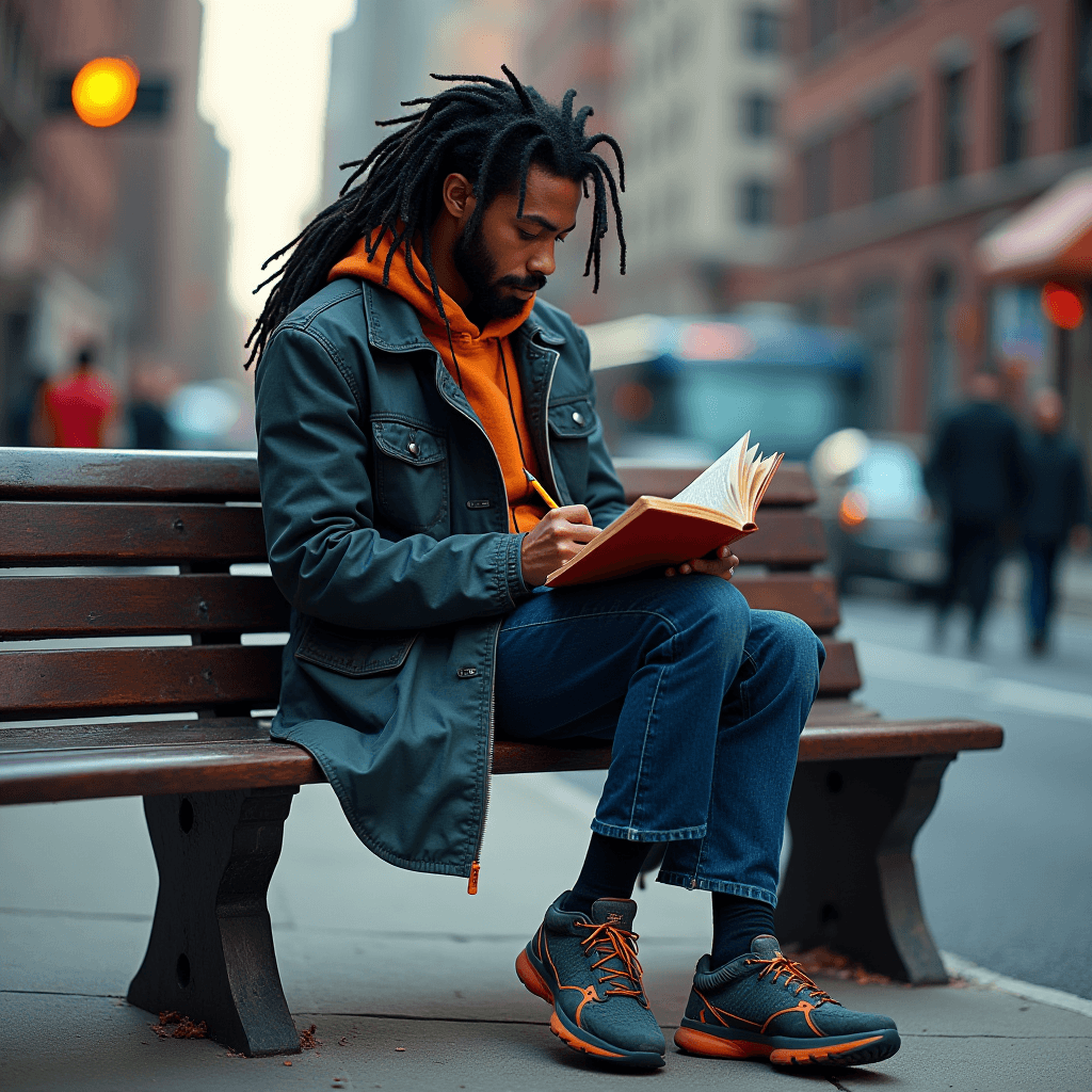 The image depicts a person sitting on a wooden bench in an urban setting, deeply engrossed in writing or sketching in a notebook. The individual has long dreadlocks and is wearing a layered outfit, consisting of a green utility jacket, orange hoodie, and blue jeans. They are also wearing sneakers with orange accents, complementing the jacket. The background shows a bustling city street with blurred figures and vehicles, suggesting movement and vibrancy. It's a serene scene amidst the urban hustle, capturing a moment of creativity and introspection.