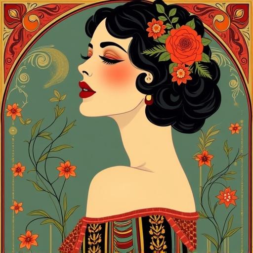 Create an Art Nouveau illustration of a woman featuring floral elements in a square frame.