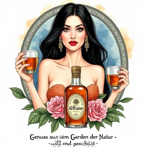 Digital illustration featuring a female figure in her mid-forties with dark hair holding two glasses of amber herbal liqueur. She's wearing ornate earrings and has bare shoulders. Background shows a circular design with blue and orange hues and a decorative border. An apothecary-style bottle labeled Alfruno is positioned before her. Pink roses and green foliage are arranged around the bottle. Text in black reads 'Genuss aus dem Garten der Natur - wild und besonders' at the bottom.