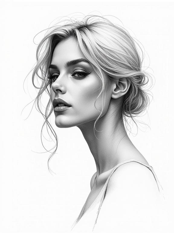 Black line drawing on a white background. Detailed sketch of a female profile. Realistic illustration style.