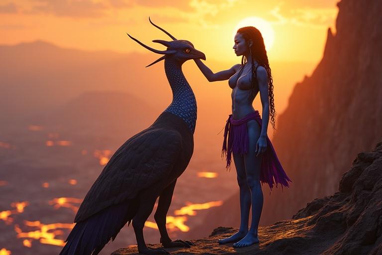 A tall Na'vi female stands beside a Leonopteryx on a lava cliff. She has radiant blue skin and long black braids. The scene is illuminated by the golden rays of the rising sun. Molten rivers flow beneath them while the sky is filled with orange hues. This fantasy artwork depicts an interaction between the character and the creature.