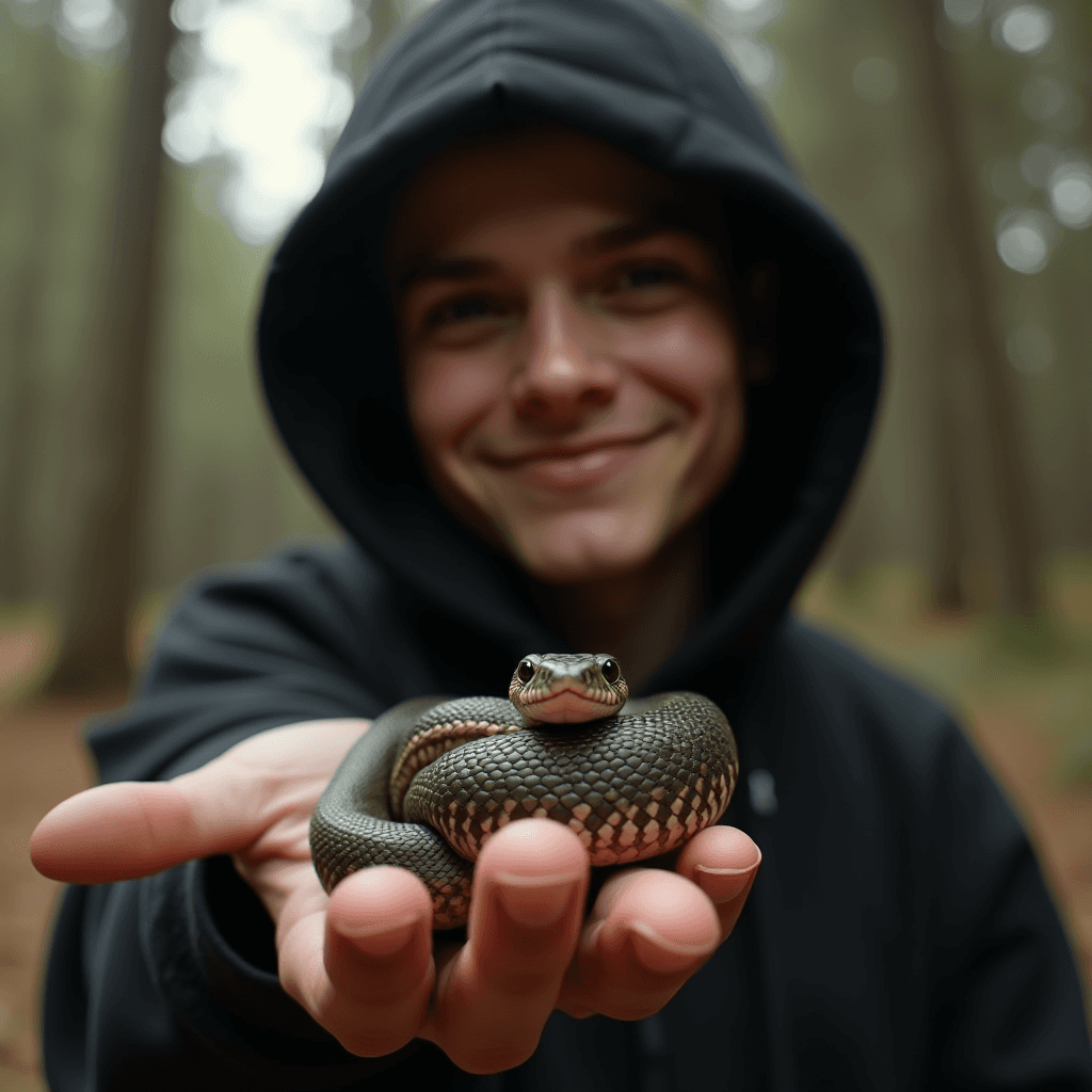 A person in a hooded sweatshirt holds a coiled snake in their hand, smiling amidst a forest setting.