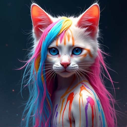 A young cat with a mesmerizing body art. The body is covered in vibrant paint that flows and drips. The long hair resembles ribbons of colorful paint. The background is dark and nebulous. The cat has vivid blue eyes. The lighting creates a dramatic spotlight effect. The overall feel is artistic and detailed.