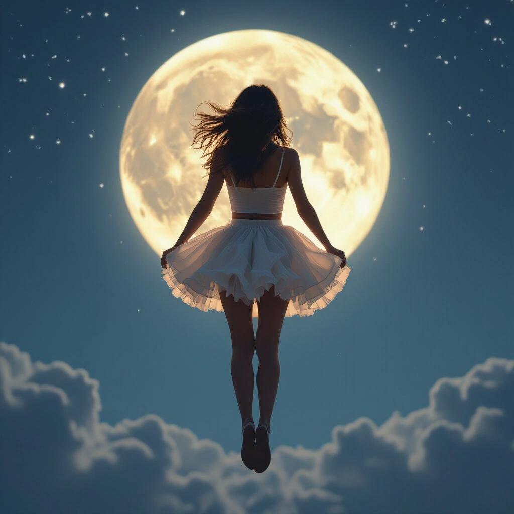 Nighttime scene features young woman seen from behind wearing frilly miniskirt floating in the air. She flies towards a large bright full moon with clouds underneath her. Her silhouette is in focus against the moonlight.