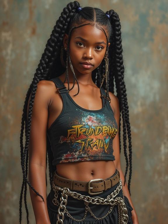 Model showcases streetwear style. Long braided hairstyle paired with a cropped Thunderdome graphic top. Skirt features layered chains for a trendy look. Stylish pose expressing confidence.
