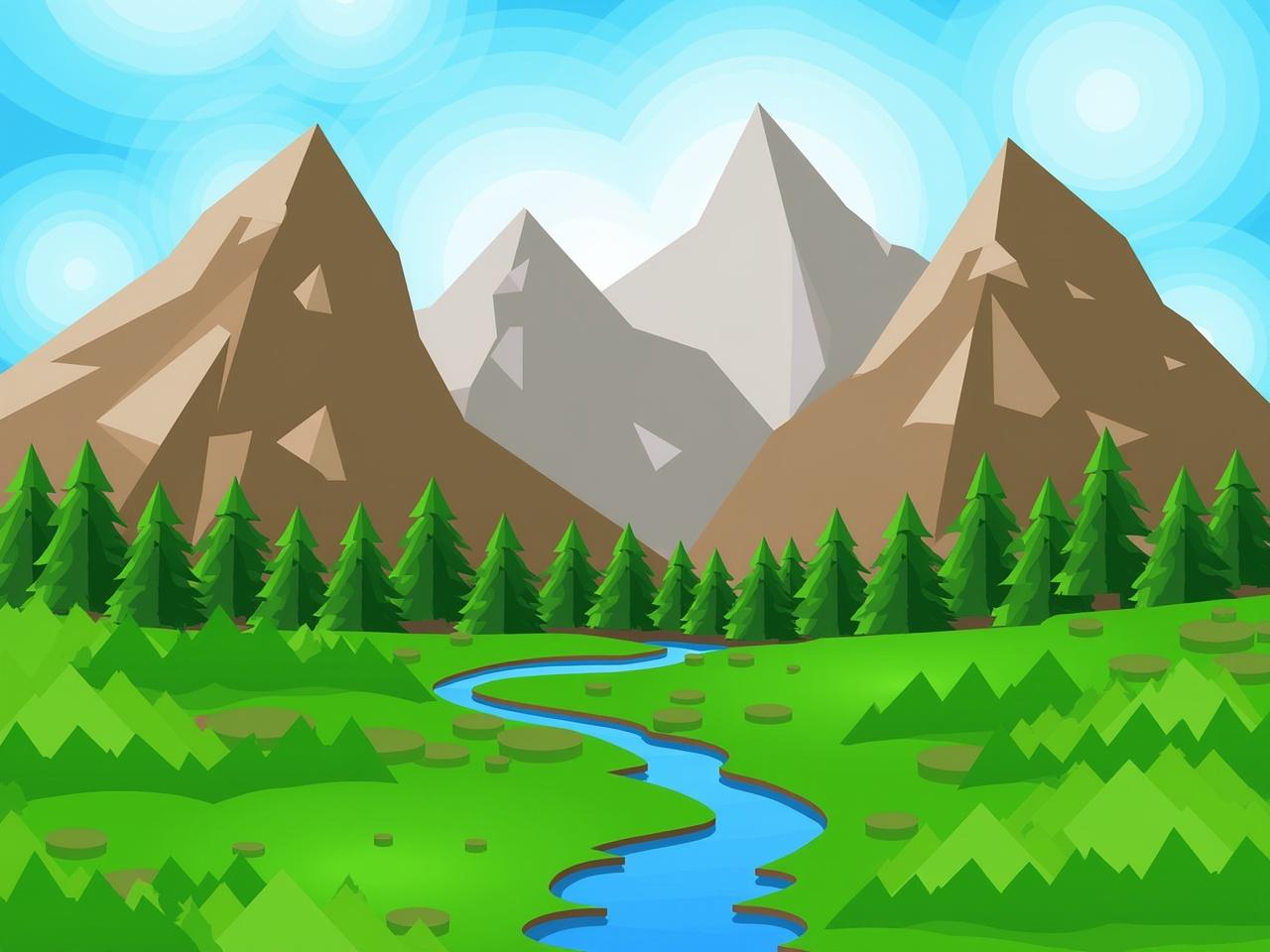 The image depicts a stylized mountain landscape. The mountains are prominent with jagged peaks, showcasing a range of colors, particularly browns and greys. There are patches of lush green trees scattered throughout the scene, indicating forested areas. In the foreground, a small river winds through the lush, green valley. The sky is bright with a mix of blues and whites, suggesting a sunny day with some clouds. The overall style appears to be geometric and vibrant, adding a modern twist to the natural scenery.