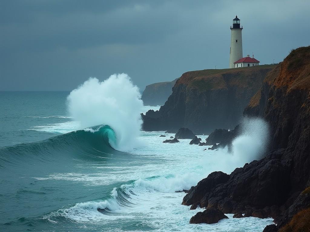 A lighthouse on a cliff with waves crashing against the rocks in a dramatic seascape.