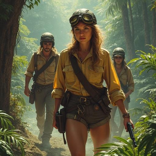 Poster of a 1930s film featuring an adventurer in pilot attire with teammates fighting snake men in a jungle.