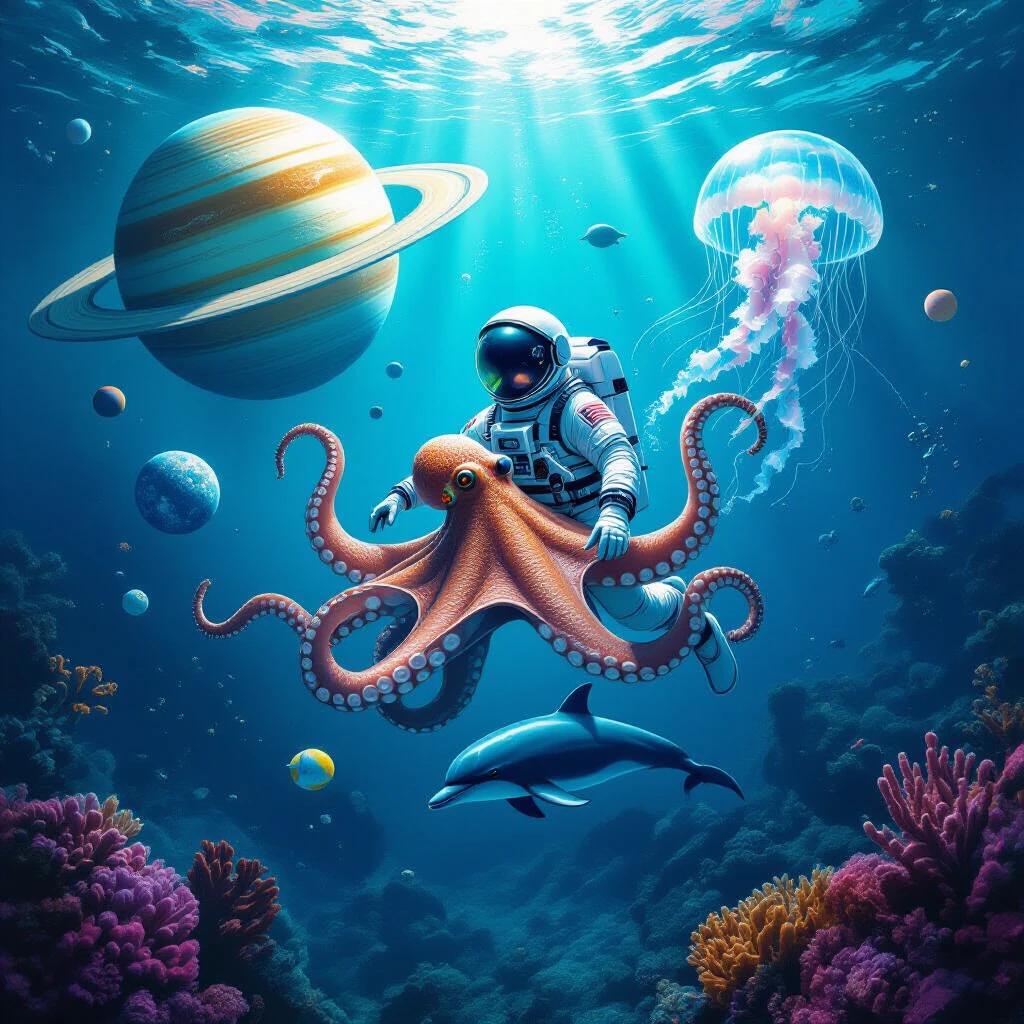 An octopus dressed as an astronaut swims underwater. Space planets are visible in the scene. Saturn's rings transform into jellyfish. A mechanical dolphin guides toward an underwater portal. An eternal eclipse is depicted.