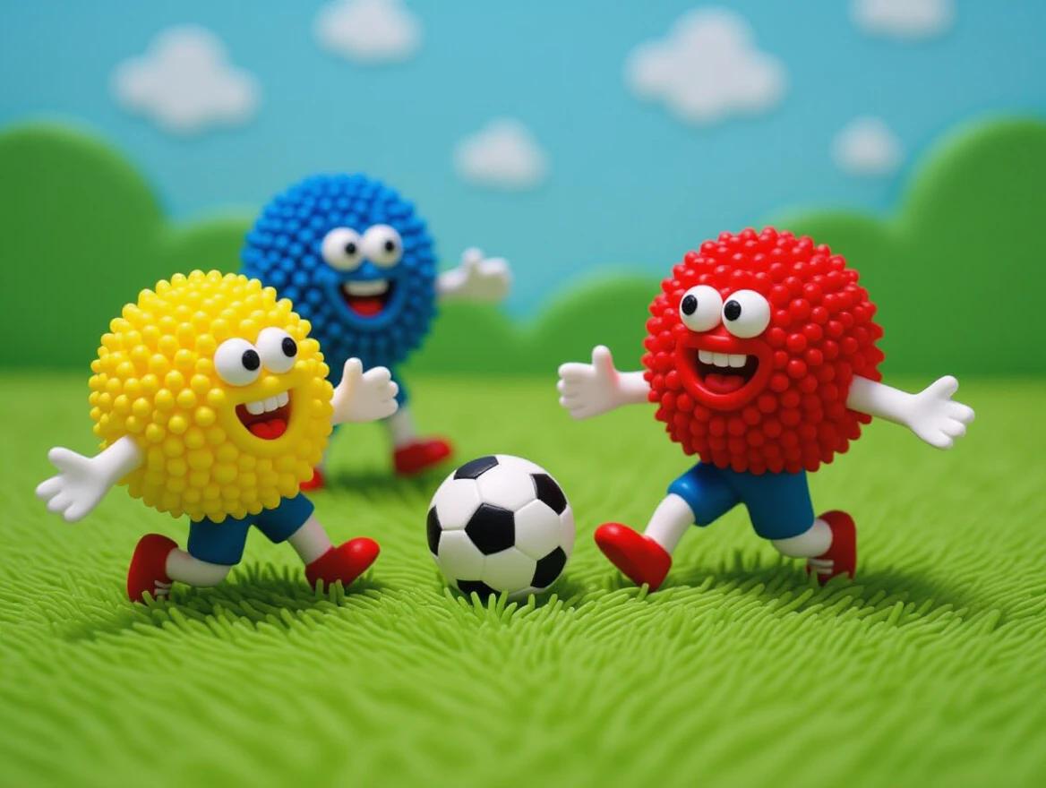 Surreal pompom characters made out of rubberised squishy clay with rubbery stick on eyes. Characters are playing football. Scene set on a green grass landscape.