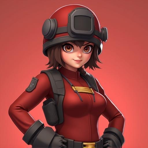 Character in a red uniform and helmet inspired by Team Fortress 2. Represents Soldier class on the Red team. Female character with short hair and determined expression. Background is a gradient of red hues.