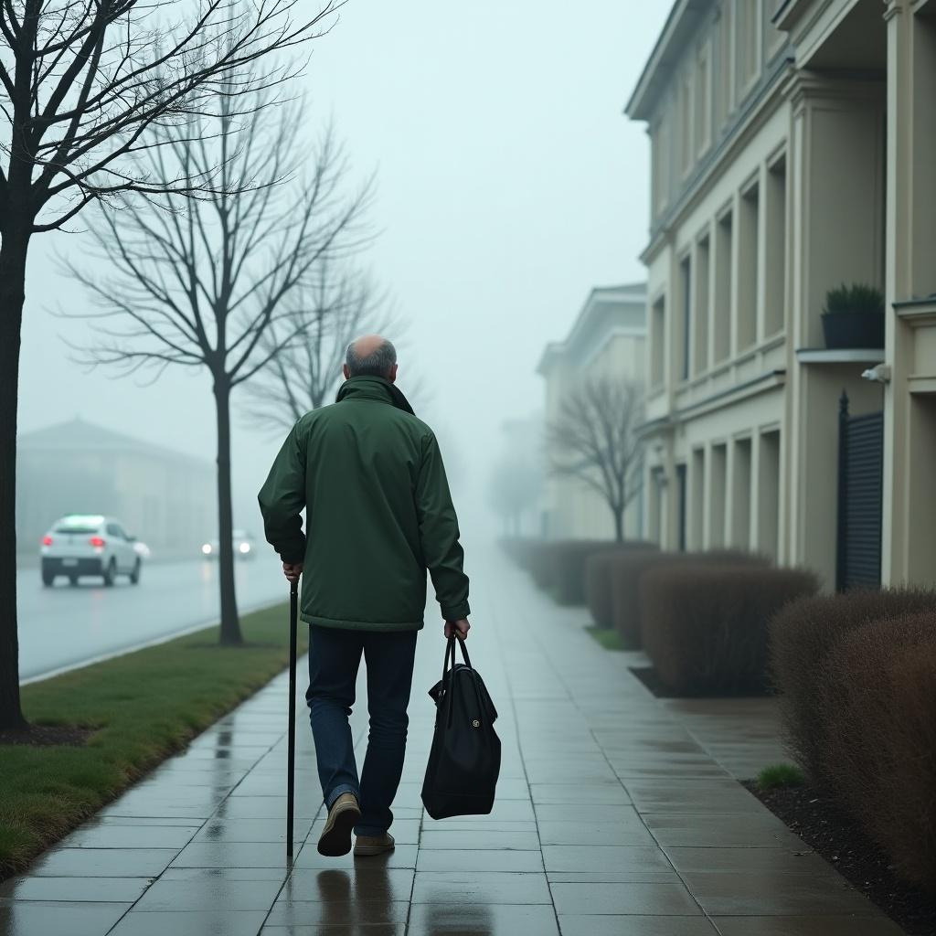 A man in a green jacket walks on a foggy sidewalk. He uses a cane and carries a black bag. Bare trees and a building line the street.