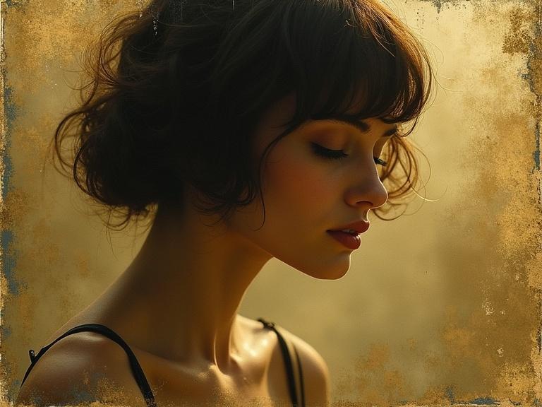 Somber flapper girl captured in an aged gold photograph. Features water stains and torn edges. The image evokes a vintage aesthetic.