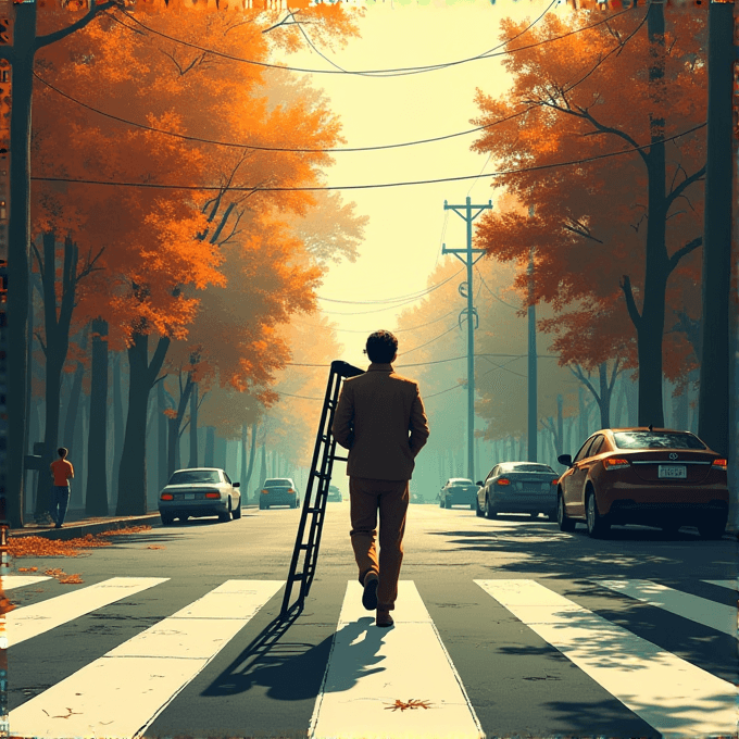 A person carrying a ladder walks across a street lined with autumn trees.