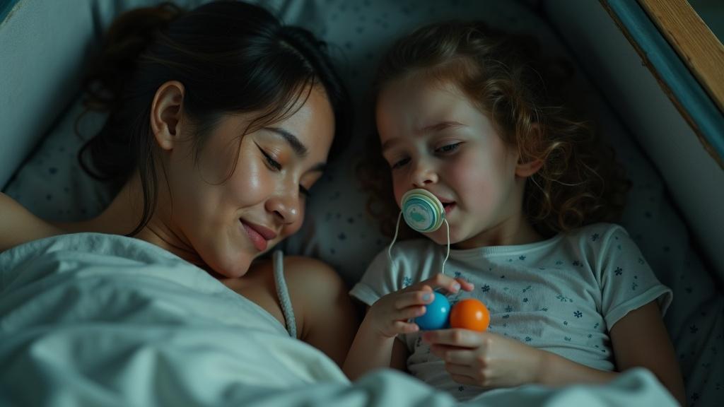 A surreal emotional scene captures a mother and daughter in a casket. The daughter holds colorful rattles and wears an oversized pacifier. They share a last day together in a dramatic setting. The mother smiles softly while offering comfort. Tension is evident in the girl's expression as she expresses fear of dying. A gravestone is visible above them, marking the girl's life dates. Subtle lighting enhances this poignant moment as the lid is about to close.