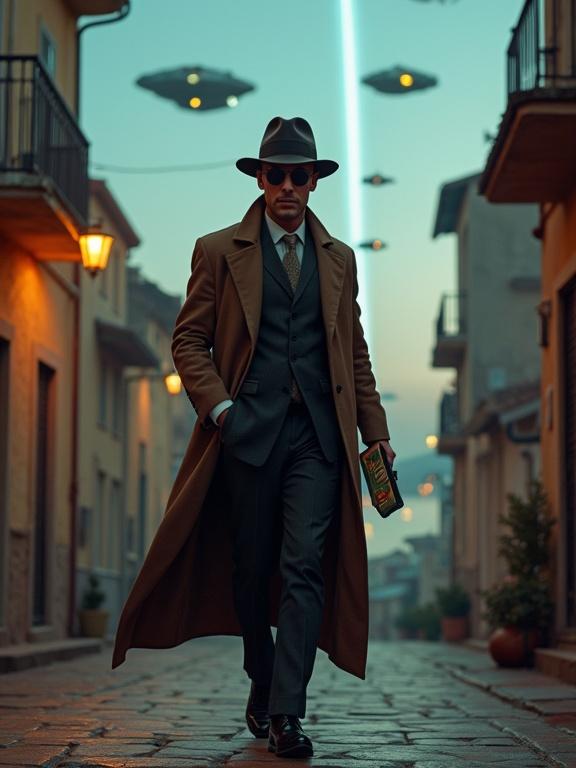 A neo-noir detective walks through a small neighborhood. The scene is set in a retrofuturistic Italian city with terracotta tiles and old buildings. Clunky starships are in the sky, leaving a light blue trail. Dusk atmosphere with coastline in the background. Detective wears a fedora, looking pensive. He holds a transparent tablet with colored text.