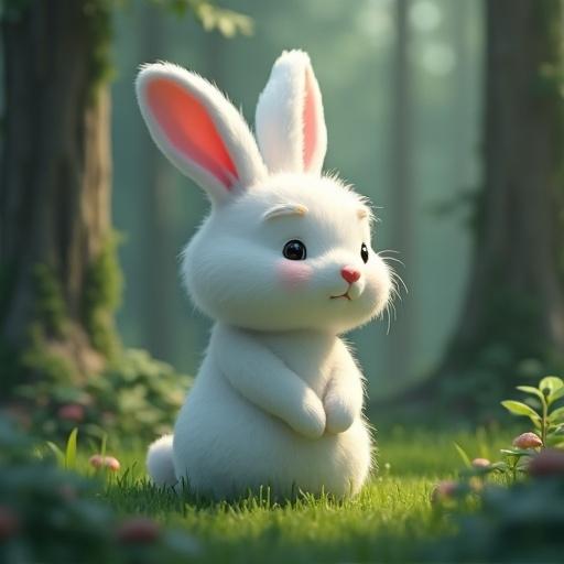 A white rabbit in a forest scene. The rabbit is depicted in a 3D cartoon art style. The rabbit is looking confused, facing right. The forest background creates a magical atmosphere.
