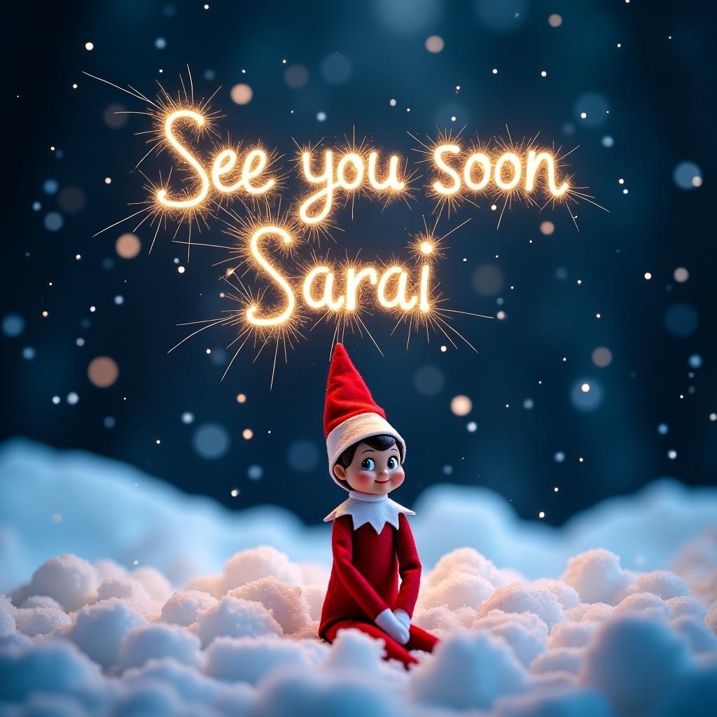 Elf on the Shelf character sits in a snowy landscape at night. Surrounded by fluffy white snow. Above the elf, 'See you soon Sarai' is written as if made from sparklers. Color palette includes red and white. Scene conveys joy and anticipation for Christmas season.