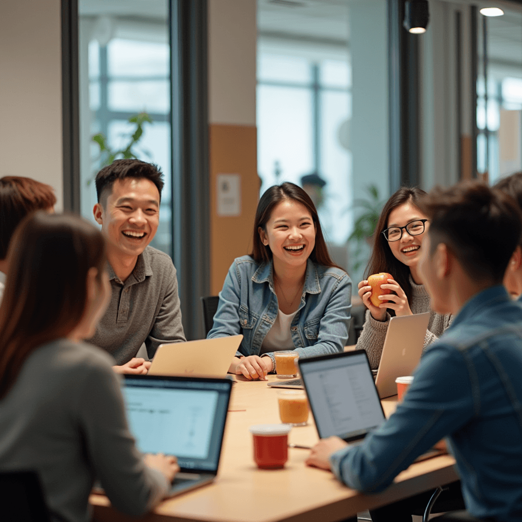 A group of young adults smiling and conversing around a conference table with laptops and coffee cups.